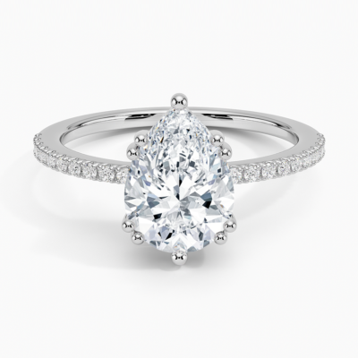IGI Certified Lab Grown Diamond Engagement Ring Pear Brilliant Hidden Halo Pavé Ring With Scalloped Multi-Prong Basket