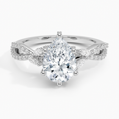 IGI Certified Lab Grown Diamond Engagement Ring Pear Brilliant With Marquise Accent Diamond and Pavé Twist Shank Ring