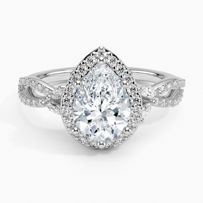 IGI Certified Lab Grown Diamond Engagement Ring Pear Brilliant Halo Ring With Marquise Accent Diamond and Pavé Twist Shank