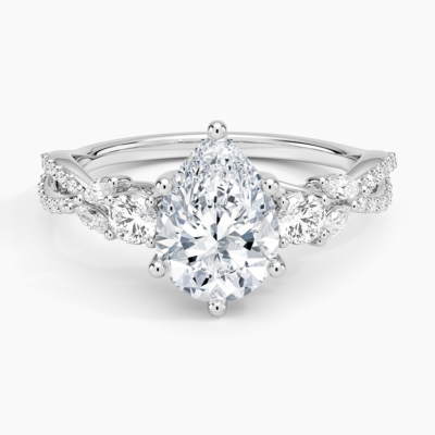 IGI Certified Lab Grown Diamond Engagement Ring Pear Brilliant Three Stone Ring With Marquise Accent Diamond and Pavé Twist Shank