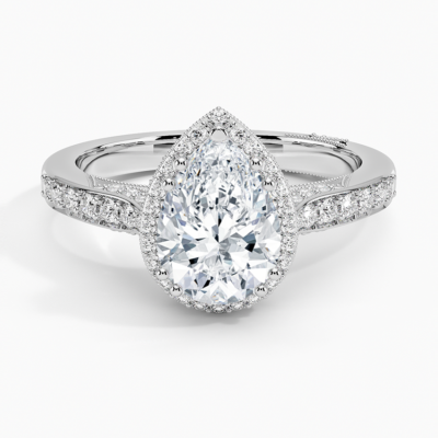 IGI Certified Lab Grown Diamond Engagement Ring Pear Brilliant Halo Split Shank Pavé Ring