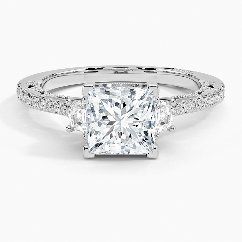IGI Certified Lab Grown Diamond Engagement Ring Princess Brilliant Three Stone Vintage Ring with Cadillac Side Diamonds