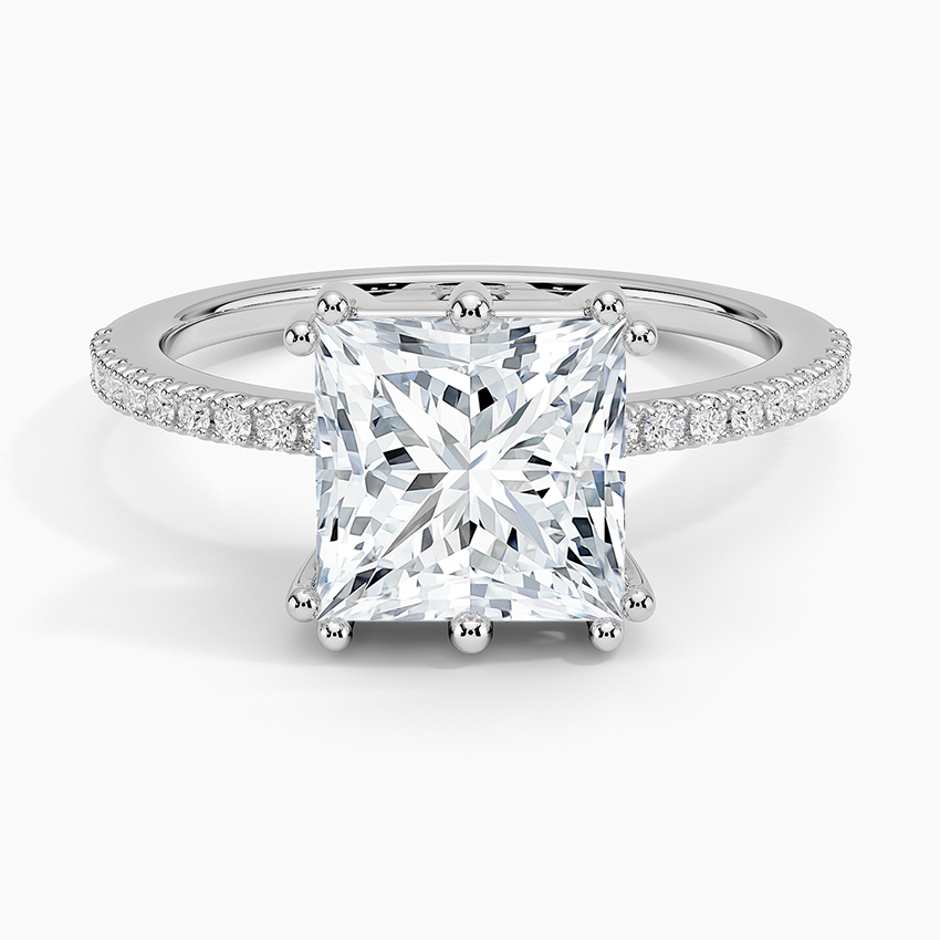 IGI Certified Lab Grown Diamond Engagement Ring Princess Brilliant Hidden Halo Pavé Ring With Scalloped Multi-Prong Basket