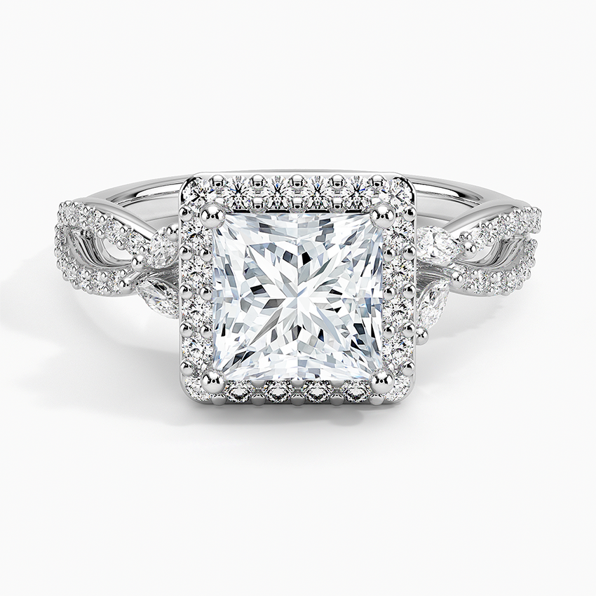 IGI Certified Lab Grown Diamond Engagement Ring Princess Brilliant Halo Ring With Marquise Accent Diamond and Pavé Twist Shank