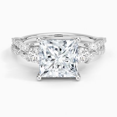 IGI Certified Lab Grown Diamond Engagement Ring Princess Brilliant Three Stone Ring With Marquise Accent Diamond and Pavé Twist Shank
