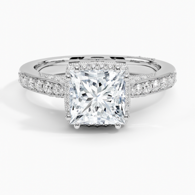 IGI Certified Lab Grown Diamond Engagement Ring Princess Brilliant Halo Split Shank Pavé Ring
