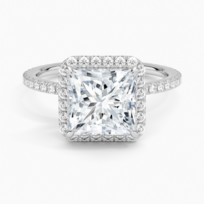 IGI Certified Lab Grown Diamond Engagement Ring Princess Brilliant Halo With Hidden Halo And Pavé Band Ring