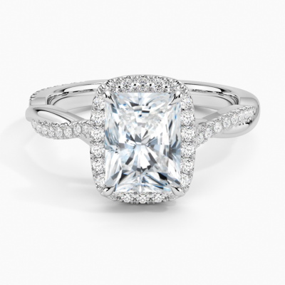 IGI Certified Lab Grown Diamond Engagement Ring Radiant Brilliant Halo Ring With Twisted Pavé Shank