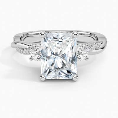 IGI Certified Lab Grown Diamond Engagement Ring Radiant Brilliant Three Stone Hidden Halo Ring With Twisted Pavé Shank