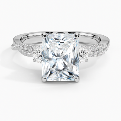 IGI Certified Lab Grown Diamond Engagement Ring Radiant Brilliant Three Stone Ring With Double Pavé Twisted Shank