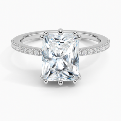 IGI Certified Lab Grown Diamond Engagement Ring Radiant Brilliant Hidden Halo Pavé Ring With Scalloped Multi-Prong Basket