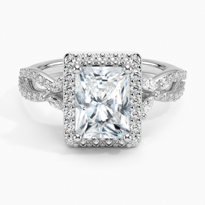 IGI Certified Lab Grown Diamond Engagement Ring Radiant Brilliant Halo Ring With Marquise Accent Diamond and Pavé Twist Shank