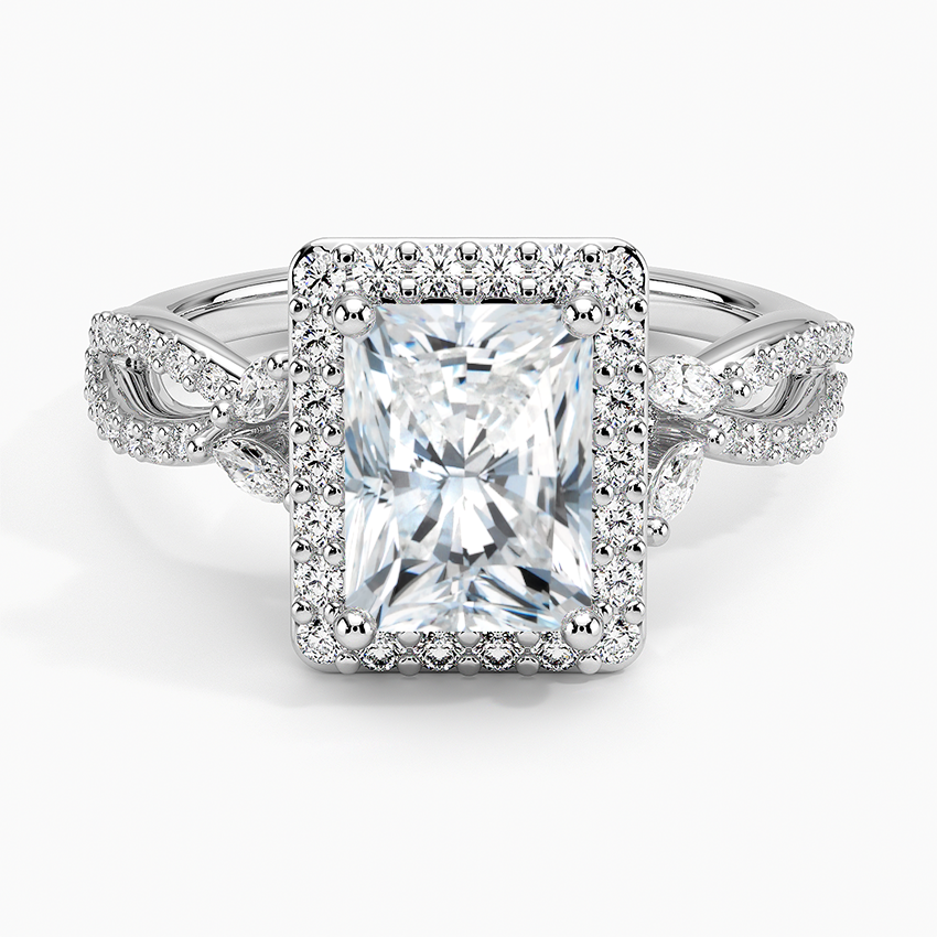 IGI Certified Lab Grown Diamond Engagement Ring Radiant Brilliant Halo Ring With Marquise Accent Diamond and Pavé Twist Shank
