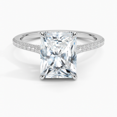 IGI Certified Lab Grown Diamond Engagement Ring Radiant Brilliant Hidden Halo Cathedral Pavé Ring