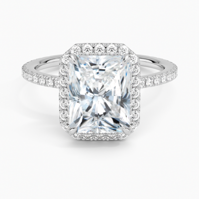 IGI Certified Lab Grown Diamond Engagement Ring Radiant Brilliant Halo With Hidden Halo And Pavé Band Ring