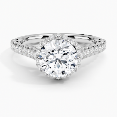 IGI Certified Lab Grown Diamond Engagement Ring Round Brilliant Vintage Halo Ring With Cathedral Pavé Band