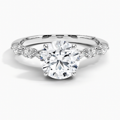 IGI Certified Lab Grown Diamond Engagement Ring Round Brilliant Hidden Halo Vintage Ring With Pear Side Stones