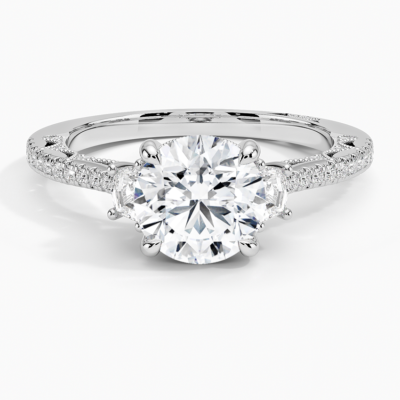 IGI Certified Lab Grown Diamond Engagement Ring Round Brilliant Three Stone Vintage Ring with Cadillac Side Diamonds