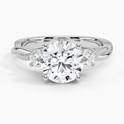 IGI Certified Lab Grown Diamond Engagement Ring Round Brilliant Three Stone Hidden Halo Ring With Twisted Pavé Shank