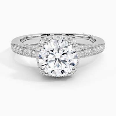 IGI Certified Lab Grown Diamond Engagement Ring Round Brilliant Halo Split Shank Pavé Ring